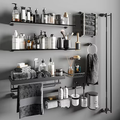 Organized Bathroom Shelves with Daily Washing Supplies Bottles Towels and Brushes 3d model
