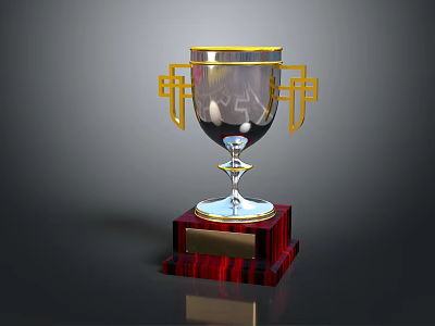 Premium Trophy With Silver Cup Body Golden Handles Red Wooden Base And Nameplate 3d model