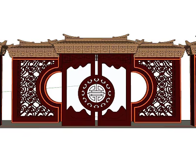 Chinese Traditional Background Wall With Carved Patterns And Circular Wooden Decoration 3d model