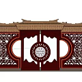 Chinese Traditional Background Wall With Carved Patterns And Circular Wooden Decoration