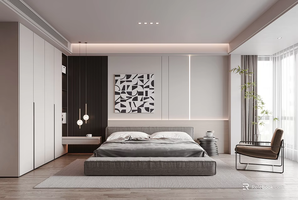 Modern Bedroom Interior Design With Gray Platform Bed Geometric Wall Art And Built-in Wardrobe 3d model 