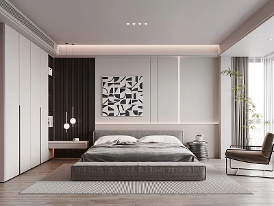 Modern Bedroom Interior Design With Gray Platform Bed Geometric Wall Art And Built-in Wardrobe 3d model