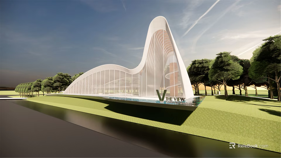 Luxury Modern Sales Office Building Curved Glass Curtain Wall With Lawn Trees Water Feature 3d model 