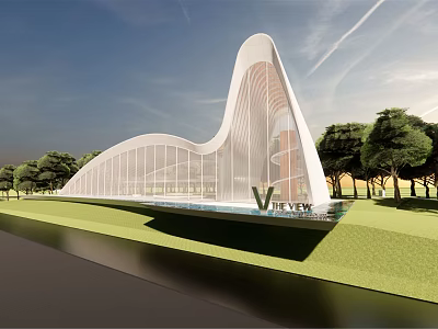 Luxury Modern Sales Office Building Curved Glass Curtain Wall With Lawn Trees Water Feature 3d model