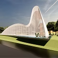 Luxury Modern Sales Office Building Curved Glass Curtain Wall With Lawn Trees Water Feature