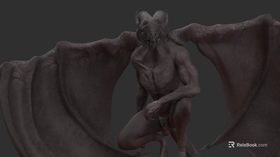 Mythical Creature 3D Render With Bat Wings Muscular Body And Squatting Pose 3d model 