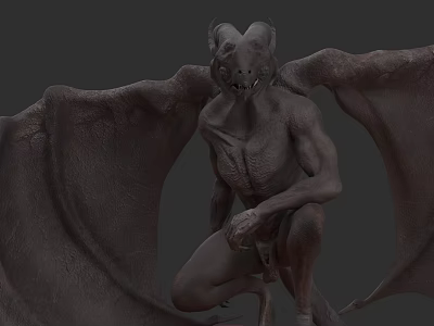 Mythical Creature 3D Render With Bat Wings Muscular Body And Squatting Pose 3d model