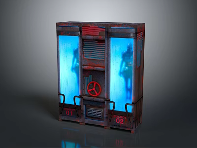 Cartoon Scene Retro Sci Fi Machine With Red Wheel Blue Glowing Glass And Number 01 02 3d model