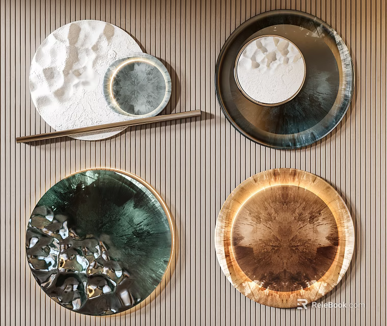 Modern Wall Decor Featuring Multiple Round Textured Plates With Metal Frames 3d model