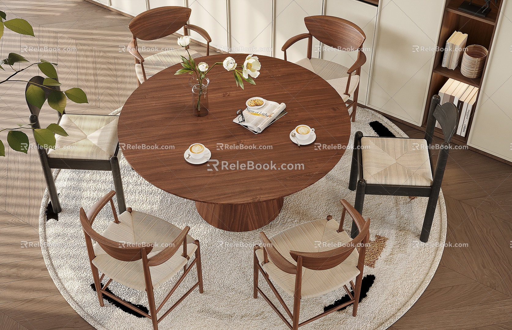 French Middle Style Round Dining Table Chair for Six 3d model