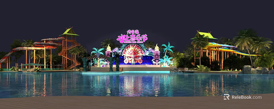 Water Ocean Festival Night Stage Setup With Pool And Illuminated Palm Trees 3d model 