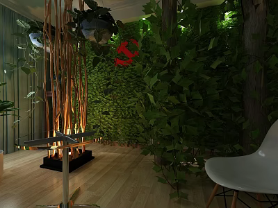 Modern Indoor Space With Lush Green Plant Wall Wooden Floor And Decorative Plants 3d model