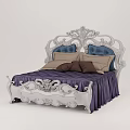 Elegant Ornate Double Bed With White Carved Frame Blue Upholstered Headboard And Purple Quilted Mattress