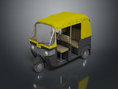 Three wheeled auto rickshaw with yellow roof black body front windshield and interior seats 3d model