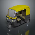 Three wheeled auto rickshaw with yellow roof black body front windshield and interior seats