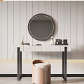 Modern White Dressing Table with Round Mirror Black Legs Brown Stool and Decorative Items 3d model