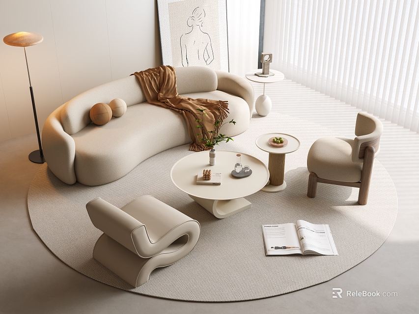 Beige Sofa And Round Coffee Table Set With Brown Throw Armchairs Rug And Floor Lamp 3d model 