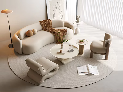 Beige Sofa And Round Coffee Table Set With Brown Throw Armchairs Rug And Floor Lamp 3d model