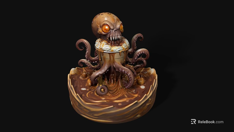 Fantasy Skull Headed Octopus Creature With Orange Eyes And Tentacles On Brown Beige Textured Base 3d model 
