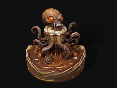 Fantasy Skull Headed Octopus Creature With Orange Eyes And Tentacles On Brown Beige Textured Base 3d model