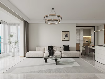 Modern Minimalist Living And Dining Room With Spacious Layout Comfortable Sofa And Bright Natural Light 3d model