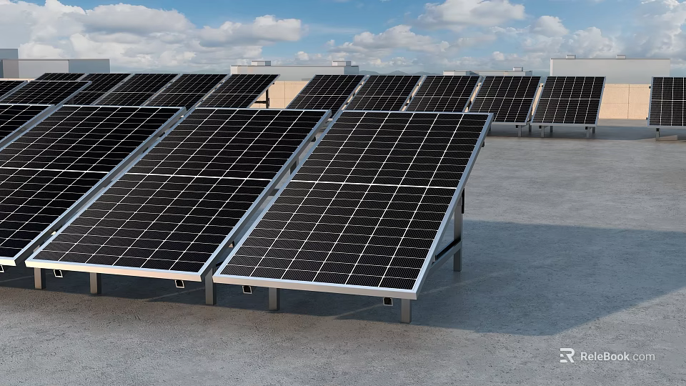 Solar Panel Array Arranged On Rooftop Under Blue Sky With White Clouds 3d model 