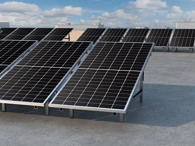 Solar Panel Array Arranged On Rooftop Under Blue Sky With White Clouds 3d model