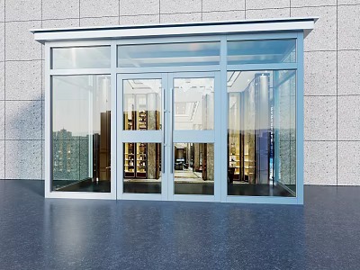 Modern Glass Entrance Door With Aluminum Frame And Stone Wall Background Design 3d model
