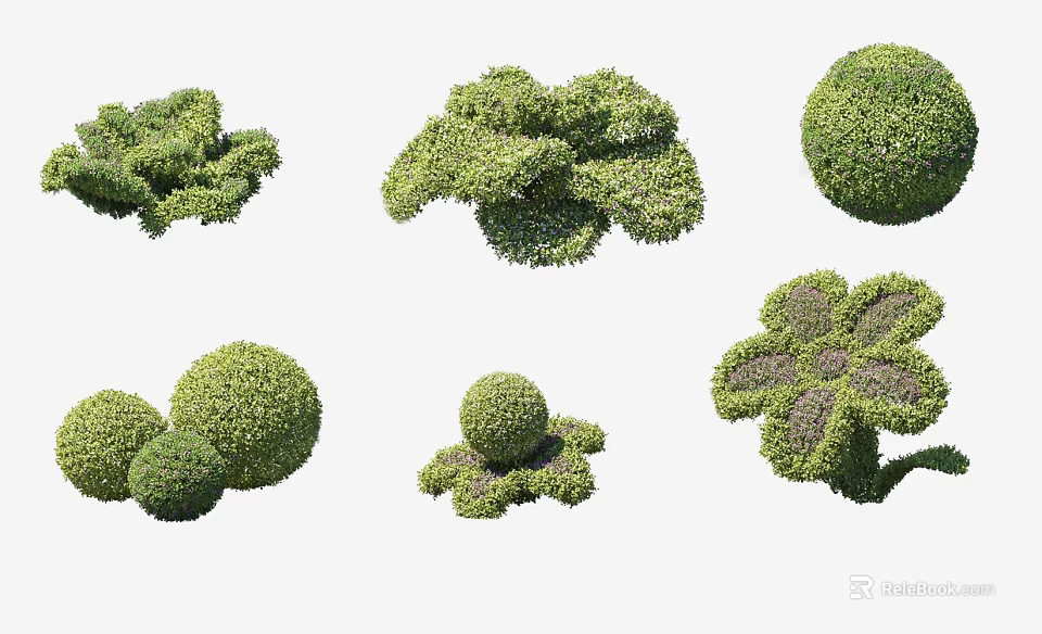 Decorative Trimmed Bushes in Various Shapes Like Spheres and Flowers for Garden Landscaping Design 3d model 