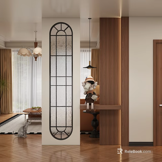 Elegant Entryway Hallway With Tall Glass Partition Black Frame Hanging Pendant Lights And Decorative Statue 3d model 