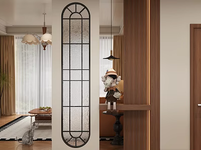 Elegant Entryway Hallway With Tall Glass Partition Black Frame Hanging Pendant Lights And Decorative Statue 3d model