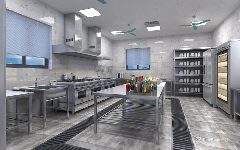 Commercial Kitchen Interior With Stainless Steel Worktables Range Hood Ceiling Fans Windows And Storage Shelves 3d model 