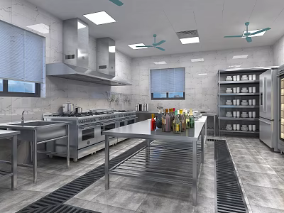 Commercial Kitchen Interior With Stainless Steel Worktables Range Hood Ceiling Fans Windows And Storage Shelves 3d model
