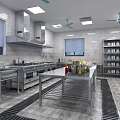 Commercial Kitchen Interior With Stainless Steel Worktables Range Hood Ceiling Fans Windows And Storage Shelves