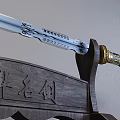 Traditional Chinese Sword With Intricate Carvings And Golden Handle On Wooden Display Stand