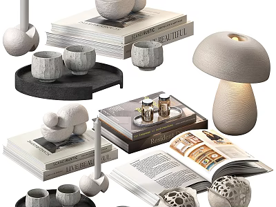 Modern Decorative Ornament Set With Mushroom Lamp Stacked Books Tray Cups And Open Magazine 3d model