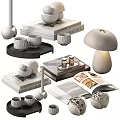 Modern Decorative Ornament Set With Mushroom Lamp Stacked Books Tray Cups And Open Magazine