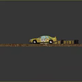 Yellow Racing Car On Curved Track With Yellow Black Barriers And Colorful Curbs