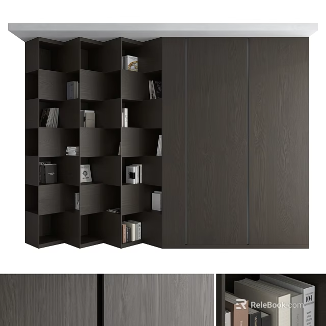 Modern Dark Wood Bookcase Design With Open Shelves And Closed Storage Cabinets 3d model 