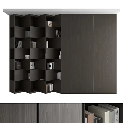 Modern Dark Wood Bookcase Design With Open Shelves And Closed Storage Cabinets 3d model