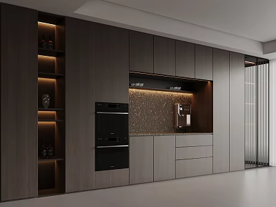 Modern Kitchen Wine Cabinet Design With Integrated Oven Coffee Machine And Ambient Lighting 3d model