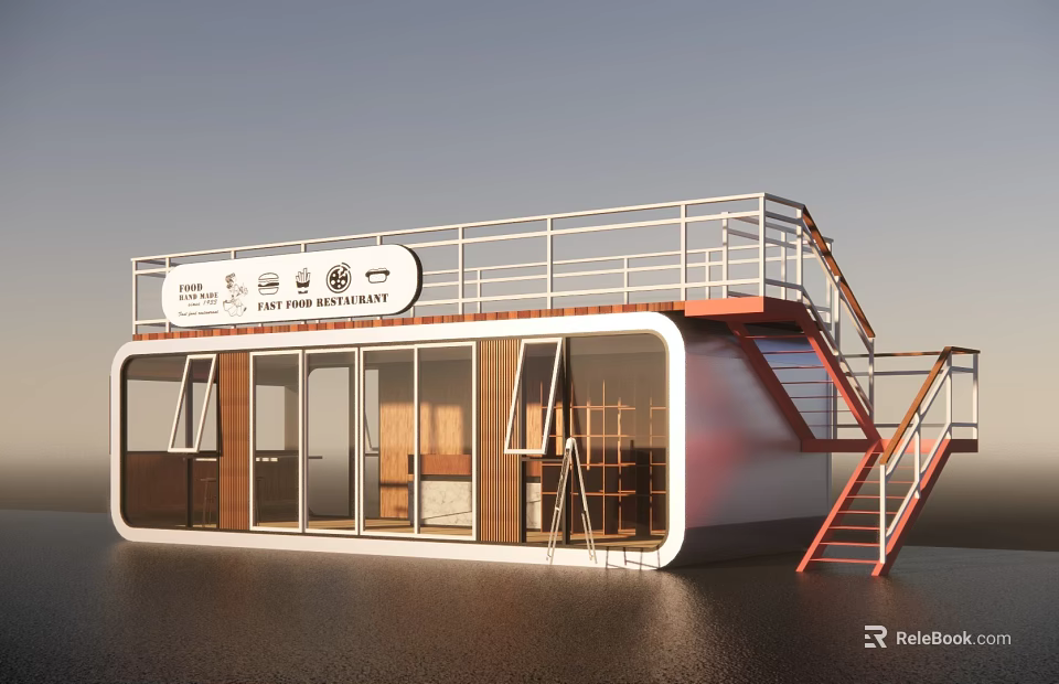 Innovative Container Building With Upper Deck Metal Railings Red Staircase Large Windows And Wooden Shelves 3d model 