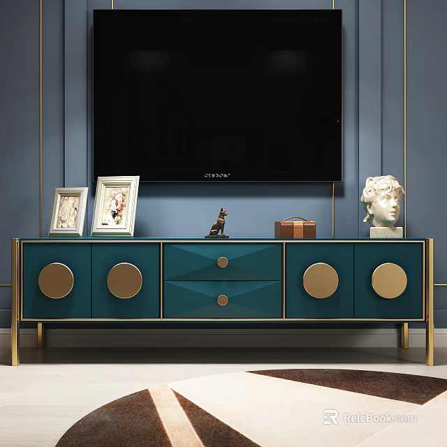Elegant Blue TV Stand With Gold Circular Accents And Decorative Sculptures Photo Frames 3d model 