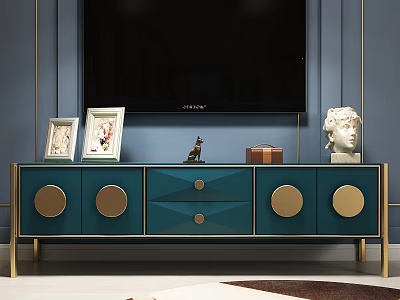 Elegant Blue TV Stand With Gold Circular Accents And Decorative Sculptures Photo Frames 3d model