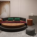 Modern Round Bed Bedroom With Green Pillows Red Blanket Orange Stools And Arched Art