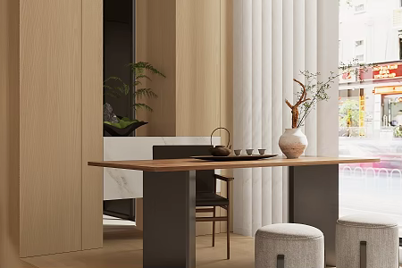 Log Style Family Tea Room Balcony Tea Room Tea Tasting Area Tea Table and Chair Combination New Chinese Style Tea Table and Chair Light Luxury Consciousness Potted Flower Art Tea Set Tea Tray Living Room Tea Room 3d model