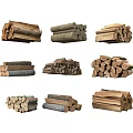Various Stacked Stone and Wood Logs Piles in Different Sizes and Shapes