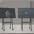 Two Modern TVs on Wheeled Stands Displaying Apple Logo and Windows Landscape in White Room