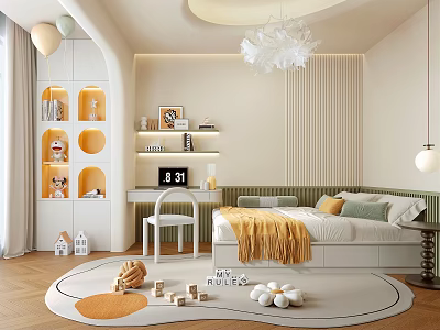 Cozy Kids Room Interior Design With Soft Bed Bookshelf Toys And Round Rug 3d model