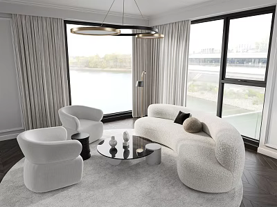 Modern White Plush Sofa and Coffee Table Set With Floor to Ceiling Windows Curtains and Round Rug 3d model